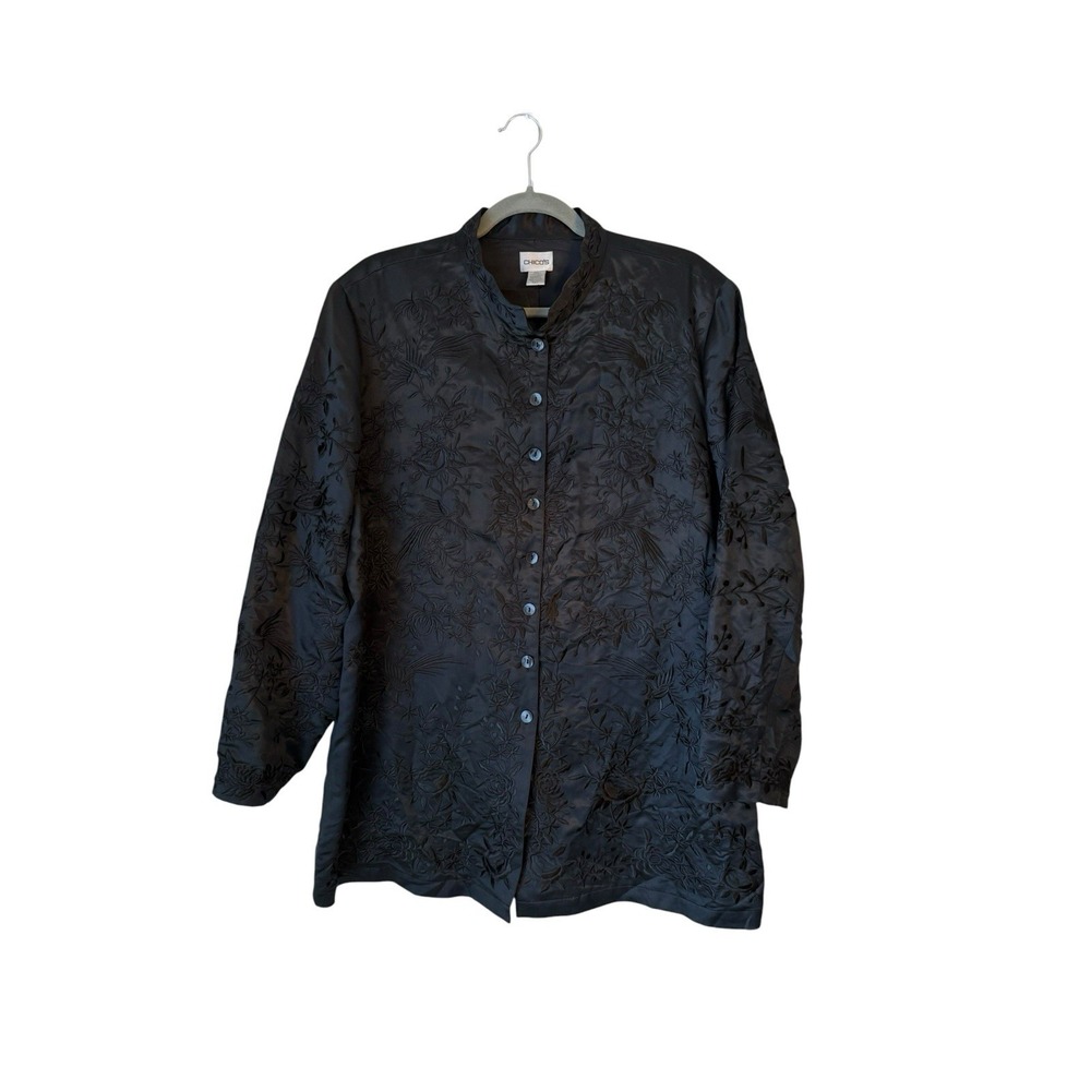 Chicos‎ Asian Inspired Black Jacquard Long Jacket Sz 3 ~ 16/XL Bird Pattern EUC